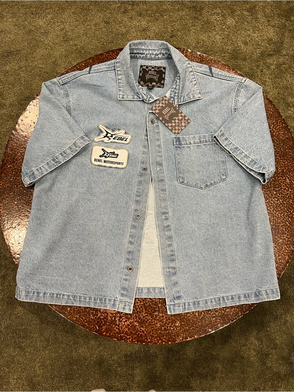 Rebel Vengeance Light Wash Denim Short Sleeve Button-Up Shirt with Rebel Patches